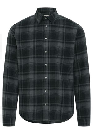 Sorte og grå stribet button-up skjorte, lavet af blødt stof, med lange ærmer, klassisk krave og rundet kant. Seks knapper foran.
