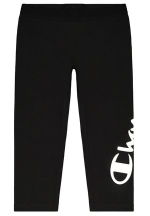Leggings neri realizzati in un tessuto elastico con vita elasticizzata, caratterizzati da un grande logo bianco stampato sul lato destro in basso.