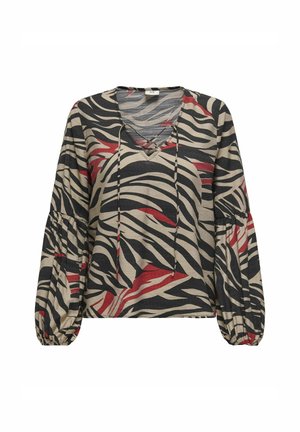 Langærmet, løstsiddende bluse i beige med sorte og røde zebrastriber. Har V-hals og elastiske manchetter for et tekstureret udseende.