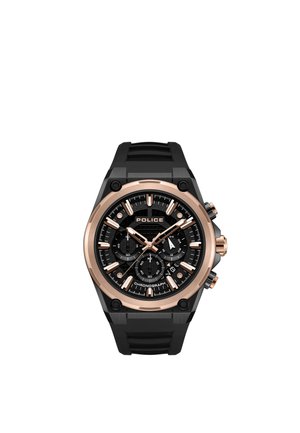 Reloj cronógrafo en negro y oro rosa con tres subesferas y correa negra de caucho. El nombre de la marca "POLICE" aparece en la esfera.
