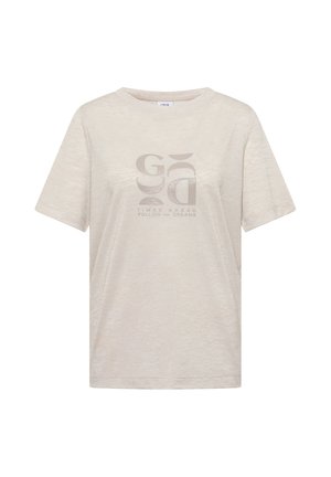 Camiseta beige de manga corta con escote redondo y diseño gráfico abstracto en el centro, con el texto "Times Ahead Follow Your Dreams."