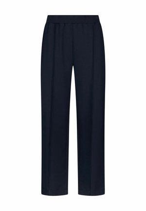 Pantalon bleu marine droit avec taille élastique et plis sur le devant, confectionné dans un tissu lisse.