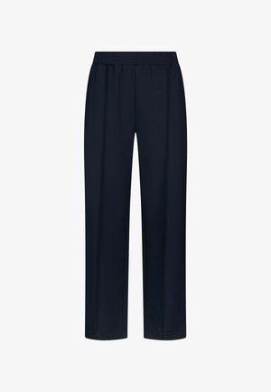 Pantalon bleu marine droit avec taille élastique et plis sur le devant, confectionné dans un tissu lisse.