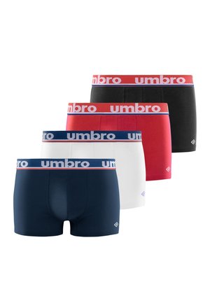 Quatre paires de boxers pour hommes en bleu marine, blanc, rouge et noir avec des ceintures élastiques griffées "umbro" en couleurs contrastantes.