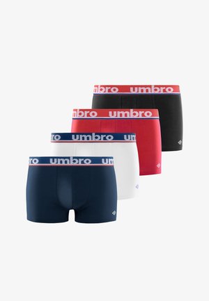 Quatre paires de boxers pour hommes en bleu marine, blanc, rouge et noir avec des ceintures élastiques griffées "umbro" en couleurs contrastantes.