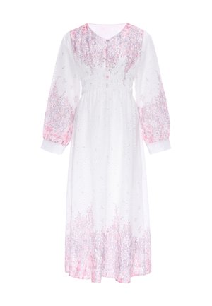 Hvid ærmeløs midi-kjole med pink og lilla blomstermønster, V-udskæring, knapper foran, elastisk talje og manchetærmer.