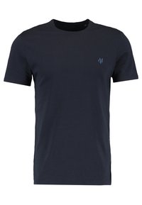 T-shirt in cotone blu navy con maniche corte, scollatura rotonda e dettaglio logo sul petto sinistro. Tessuto liscio, vestibilità regolare, con spacchetti laterali.