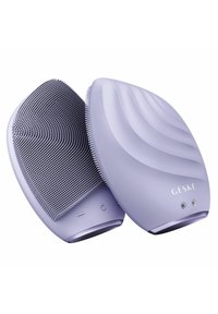 Lila elektrisk hårborste med en texturerad yta, flexibla borst och knappar för ström och justering. Slät, ergonomisk design.
