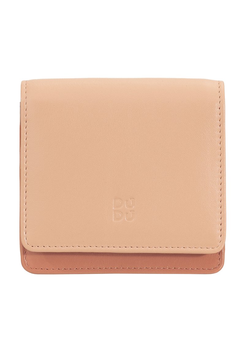 Tan leather wallet with a smooth texture, compact rectangular design, and embossed logo on the front. Features contrast stitching.