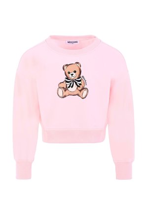 Rosa kurze Sweatshirtjacke aus weichem Stoff, mit einem Teddy-Bär-Grafik und einer schwarz-weißen Fliege auf der Vorderseite. Rippbündchen an den Ärmeln und am Saum.