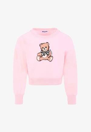 Sweat-shirt court rose en tissu doux, avec un graphique d'ours en peluche et un nœud papillon noir et blanc sur le devant. Poignets et ourlet côtelés.