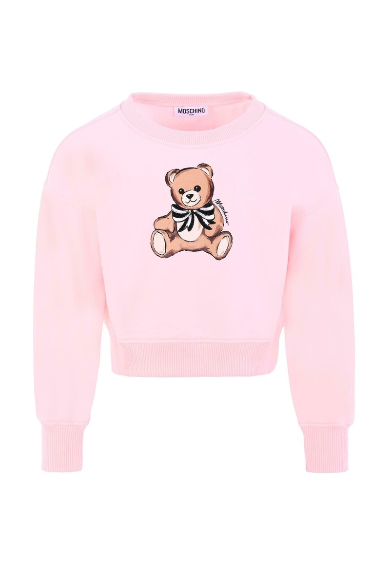 Felpa rosa corta realizzata in tessuto morbido, caratterizzata da una grafica di un orsetto con un papillon bianco e nero sul davanti. Maniche e orlo a costine.