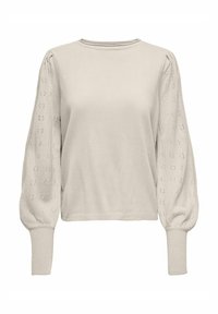 Suéter beige claro con mangas largas y acampanadas. Las mangas presentan un patrón de ojales decorativo. Fabricado en un suave tejido de punto. Cuello redondo.