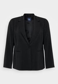 Czarna, dopasowana marynarka z lekkiego materiału, wyposażona w klapy z wycięciem, pojedyncze zapięcie na guzik oraz dwie przednie kieszenie z poziomymi przeszyciami.