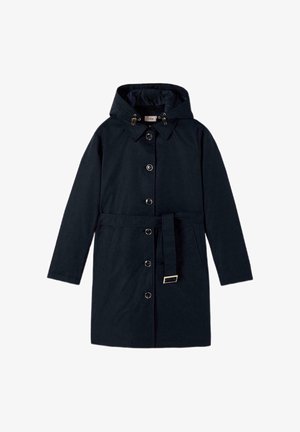 Dark navy hooded trench coat with button closure, belted waist, and side pockets.