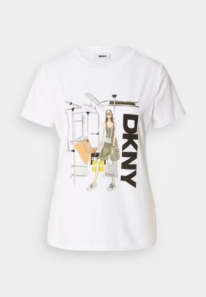 White cotton t-shirt featuring a graphic illustration of a woman, "DKNY" text, and New York subway elements. Casual fit, short sleeves.