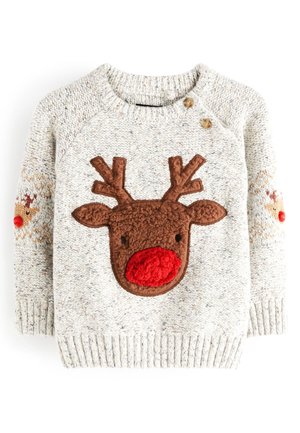 Børns strikkede grå sweater med et brunt rensdyransigt og rødt næse foran samt små rensdyrdesigns med røde næser på ærmerne.