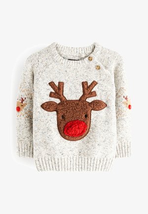 Pull gris tricoté pour enfant avec un visage de renne marron et un nez rouge à l’avant, ainsi que de petits motifs de rennes avec des nez rouges sur les manches.