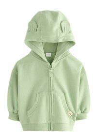 Haut de sweat zippé vert clair en tissu doux, avec une capuche dotée d'oreilles d'ours, des poignets côtelés et une poche avant.