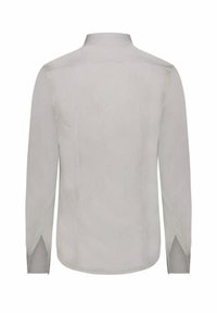 Camicia a maniche lunghe grigia chiara con orlo dritto e spacchi laterali. Presenta un colletto classico e un tessuto liscio e strutturato.