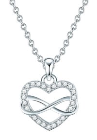 Collana d'argento con un pendente a forma di cuore, intrecciato con un simbolo dell'infinito, decorato con gemme trasparenti lungo il bordo del cuore.