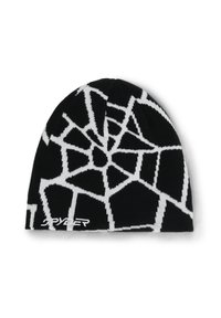 Berretto lavorato a maglia nero con un motivo geometrico bianco, realizzato in materiale elasticizzato. Include il logo lungo il bordo inferiore.