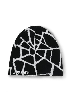 Zwarte gebreide beanie met een wit geometrisch patroon, gemaakt van rekbaar materiaal. Inclusief logo langs de onderrand.