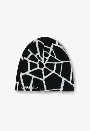 Berretto lavorato a maglia nero con un motivo geometrico bianco, realizzato in materiale elasticizzato. Include il logo lungo il bordo inferiore.