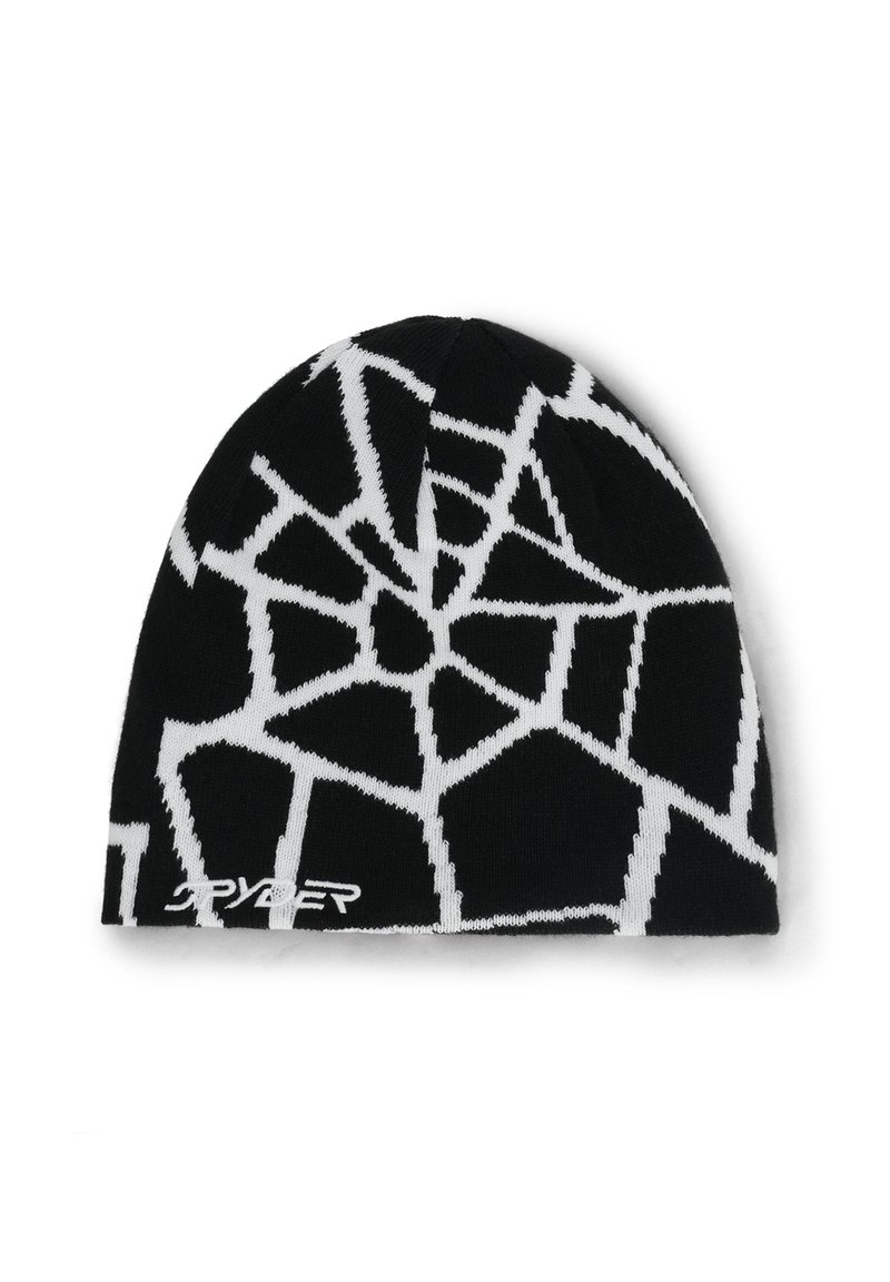 Berretto lavorato a maglia nero con un motivo geometrico bianco, realizzato in materiale elasticizzato. Include il logo lungo il bordo inferiore.