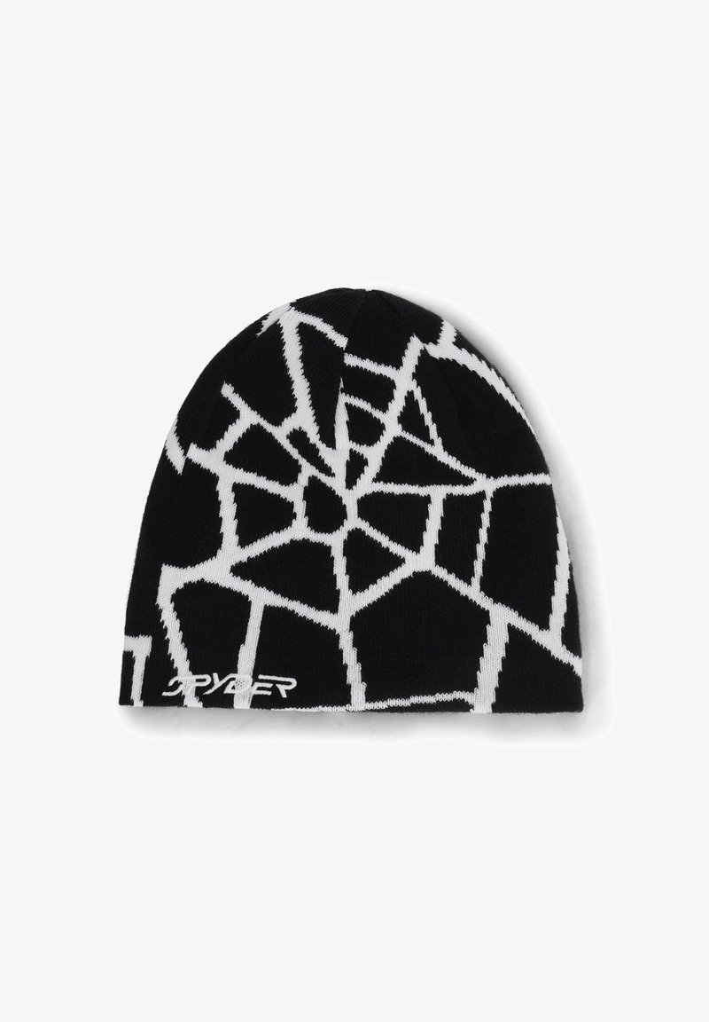 Berretto lavorato a maglia nero con un motivo geometrico bianco, realizzato in materiale elasticizzato. Include il logo lungo il bordo inferiore.