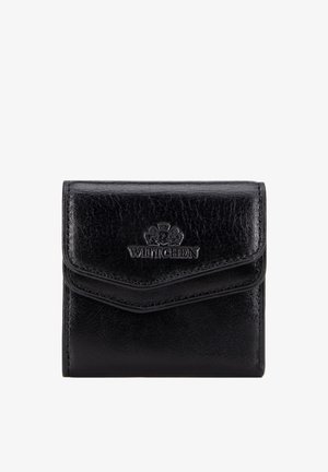 Zwarte leren portemonnee met klepsluiting, gegraveerd Wittchen-logo en decoratief wapenschild aan de voorkant.