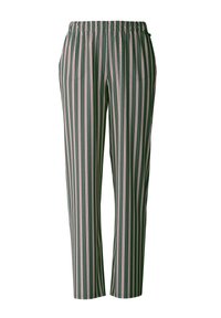 Gestreepte broek met een groene basis en roze verticale strepen, elastische taille, twee zijzakken en een rechte pijp.