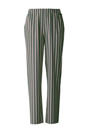 Gestreepte broek met een groene basis en roze verticale strepen, elastische taille, twee zijzakken en een rechte pijp.