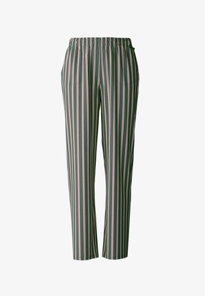 Gestreepte broek met een groene basis en roze verticale strepen, elastische taille, twee zijzakken en een rechte pijp.