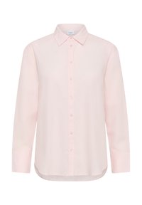 Chemise rose pâle à manches longues, avec un col pointu et des poignets, conçue pour un ajustement décontracté.