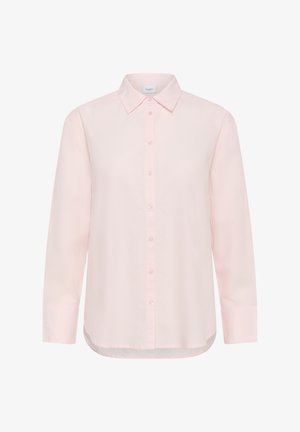 Jasnoróżowa koszula z długim rękawem, zapinana na guziki, z ostrym kołnierzykiem i mankietami, stylizowana na luźny krój.