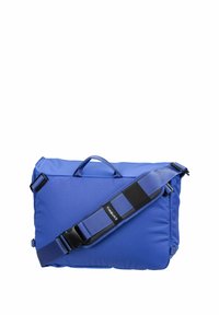 Blaue Timbuk2-Umhängetasche mit verstellbarem, gepolstertem Schultergurt und Tragegriff oben auf einem weißen Hintergrund.