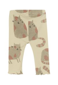 Patroon babyleggingen gemaakt van zachte, beige katoen met speelse kattenontwerpen in grijs en roze, met een gerimpelde zoom.