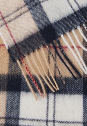 Wool scarf in a beige, black, and white checkered pattern with red accents and fringed edges. Soft texture with visible weave.