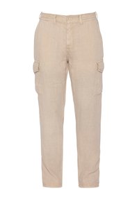 Beige linnen cargobroek met een elastische tailleband en twee zijzakken. Losse pasvorm en recht model, geschikt voor casual kleding.
