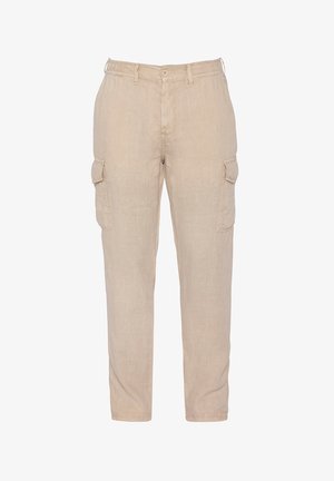 Beżowe lniane spodnie cargo z elastycznym paskiem i dwiema bocznymi kieszeniami. Luźny krój i proste nogawki, idealne na codzienne noszenie.