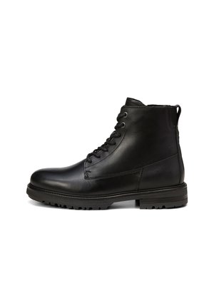 Black leather ankle boots with a rounded toe, lace-up front, and textured sole. Features a pull tab at the back and minimal stitching details.