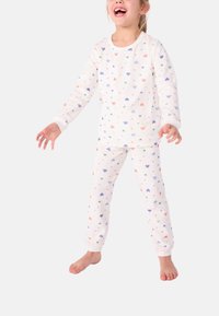 Set di pigiama bianco con stampe di cuori pastello. La maglietta a maniche lunghe e i pantaloni con cintura elastica presentano un tessuto morbido e polsini a coste per il massimo comfort.
