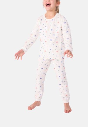 Weißes Pyjama-Set mit pastellfarbenen Herzmotiven. Langärmliges Oberteil und Hose mit elastischem Bund sind aus weichem Material und verfügen über gerippte Bündchen für zusätzlichen Komfort.