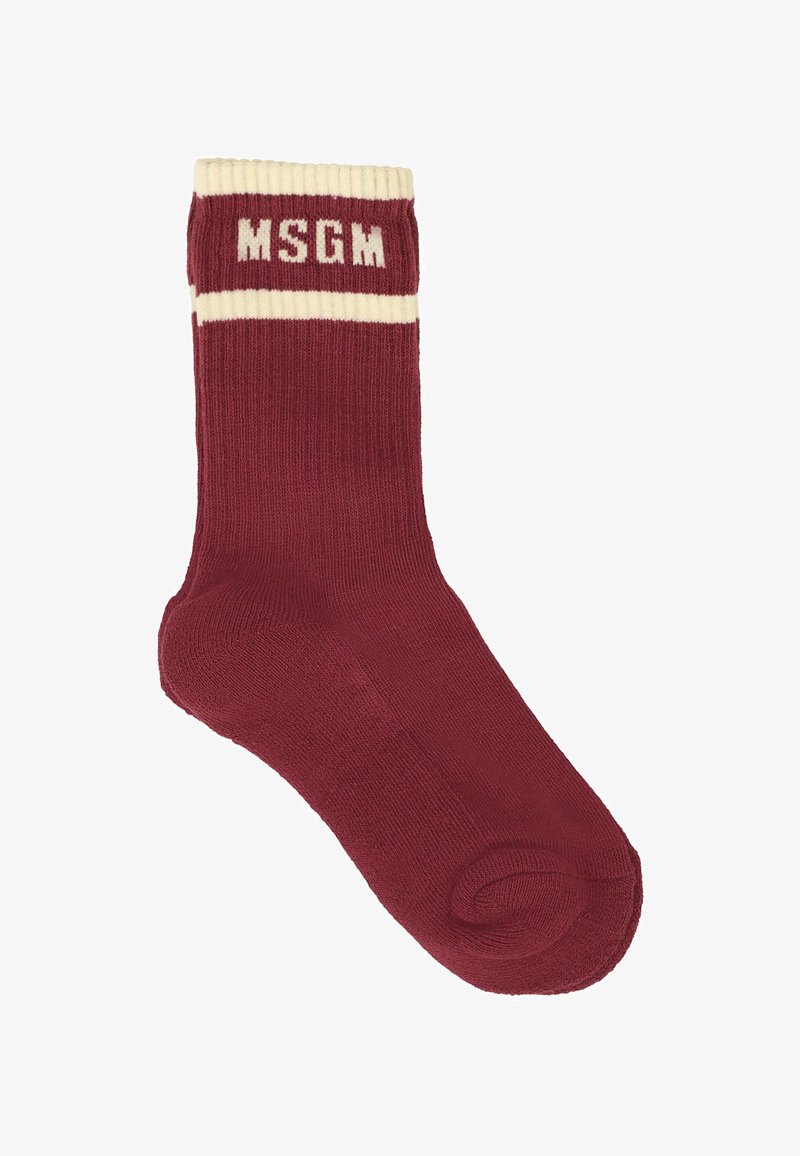 Calzino di cotone borgogna con bordo a coste e fascia crema; presenta il logo "MSGM" in bianco sulla fascia; texture liscia e forma standard del calzino.