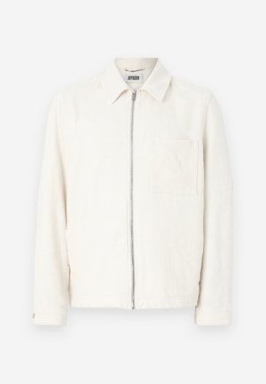 Off-white Reißverschlussjacke mit Kragen, langen Ärmeln und einer einzelnen Brusttasche, gefertigt aus strukturiertem Stoff.