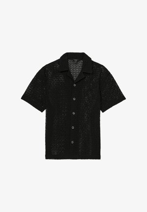 Mustmust musta särk, mis on valmistatud avatud kudumisega kangast. Omab lühikest kraed, lühikesi varrukaid ja esipaneelil nuppe. Tekstuuriga, kerge disain.