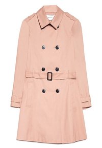 Světlé růžový trenčkot s dvojím zapínáním, černými knoflíky, páskem v pase a ramenními epolety. Texturovaná látka s hladkým povrchem.