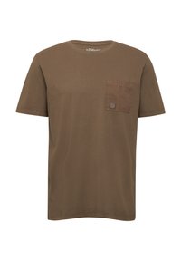 Bruine katoenen T-shirt met een ronde hals, korte mouwen en een borstzak in een iets donkerder bruin, met een klein logo op de zak.