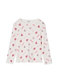 White long-sleeve child’s shirt with pink and light pink smiling heart faces and words like "GOOD," "HAPPY," "FUN," and "MOOD" printed all over.